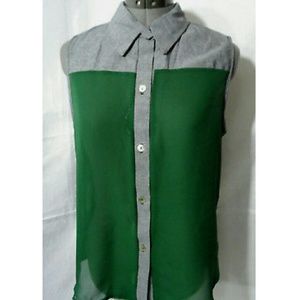 New DE COLORES Denim & Chiffon Top S Green & denim Blue Sleeveless blouse Summer